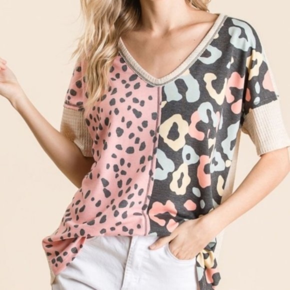 023 Cozy V neck leopard print reverse stitch top - Picture 3 of 13